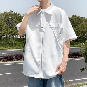 AIDASE  -  American Style Male Shirts Loose Chic Lapel Versatile Short Sleeve Zipper Shirt Metal Decoration Solid Color Shirt 21E6870 aidase-shop